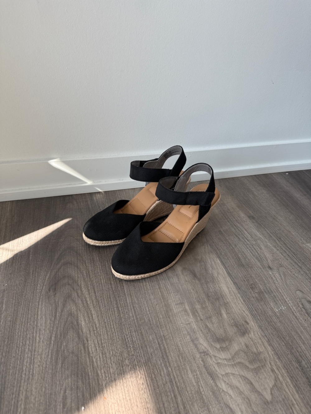 me too Black Canvas Espadrille Wedge Sandals with Ankle Strap